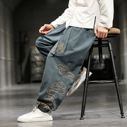 Pantalon de Style chinois pour hommes, pantalon imprimé petits pieds, ample, jambes larges, Bloomer
