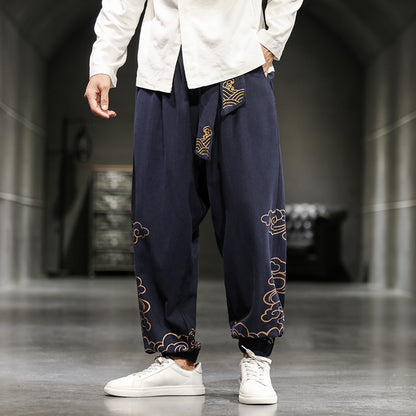 Pantalon de Style chinois pour hommes, pantalon imprimé petits pieds, ample, jambes larges, Bloomer