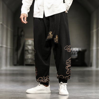 Pantalon de Style chinois pour hommes, pantalon imprimé petits pieds, ample, jambes larges, Bloomer