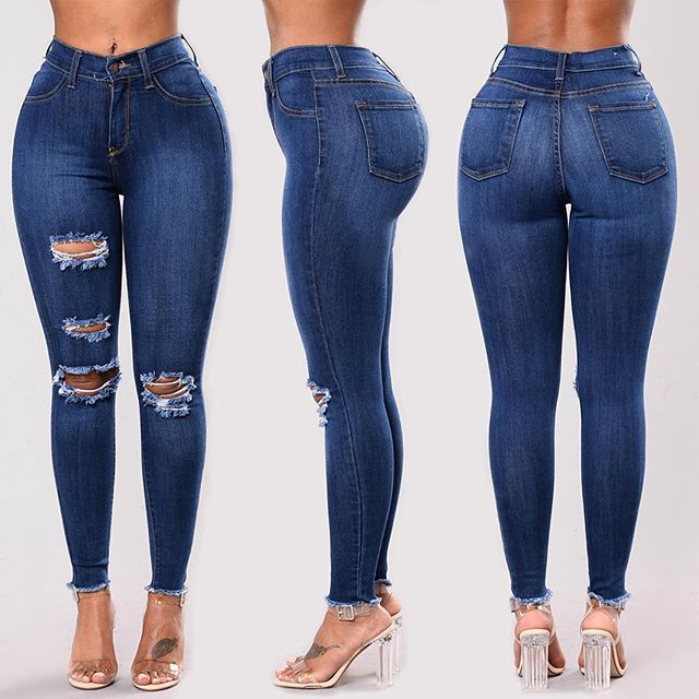 Stretch hole high-waist denim pants