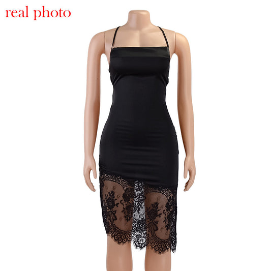 Black Lace Open Back Drop Collar Suspender Dress