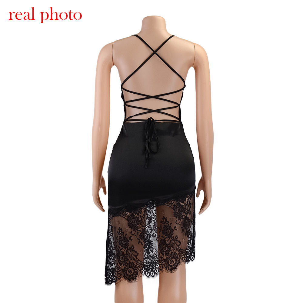 Black Lace Open Back Drop Collar Suspender Dress