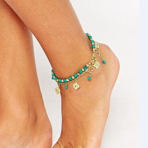 Turquoise Beaded Diamond Flower Plate Tassel Combination Anklet Female