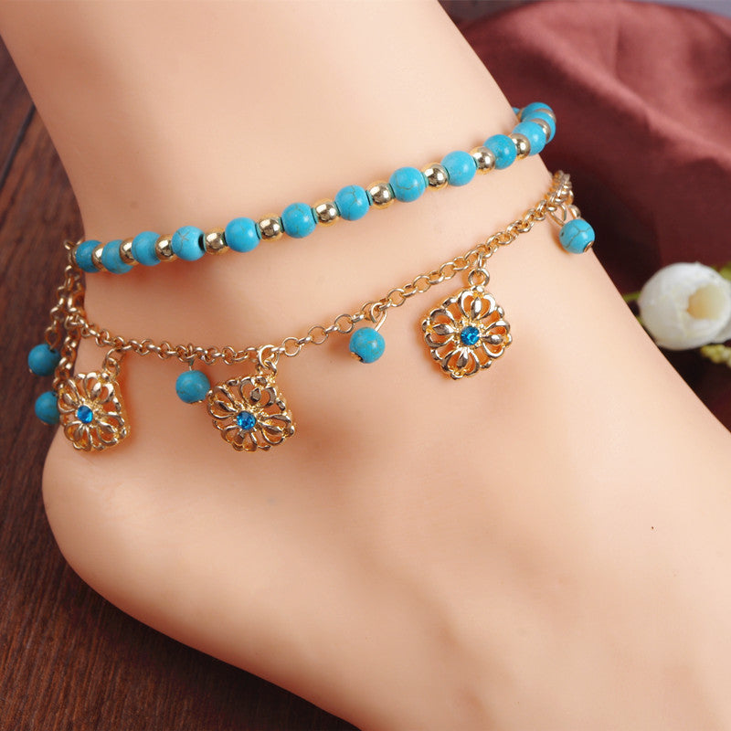 Turquoise Beaded Diamond Flower Plate Tassel Combination Anklet Female