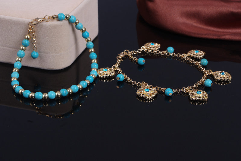 Turquoise Beaded Diamond Flower Plate Tassel Combination Anklet Female