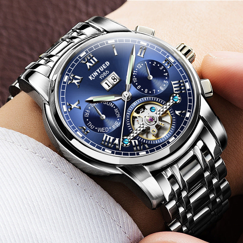 Stainless Steel Men's Tourbillon Multi-functional Calendar Automatic Mechanical Watch Explosion Models