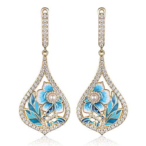 Evabelle Butterfly Earrings Handmade Flower Enamel Pearl Earrings 14K Gold Plated Cubic Zirconia Floral Dragonfly Leaf Vintage Drop Dangle Earrings for Women for Birthday valentine Gifts