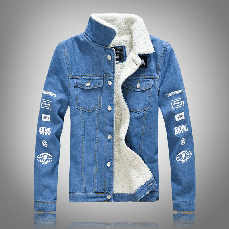 Winter Style Trendy Men's Large Size Foreign Trade Denim Jacket Lamb Fleece Jacket Thickening Plus Velvet Denim Jacket