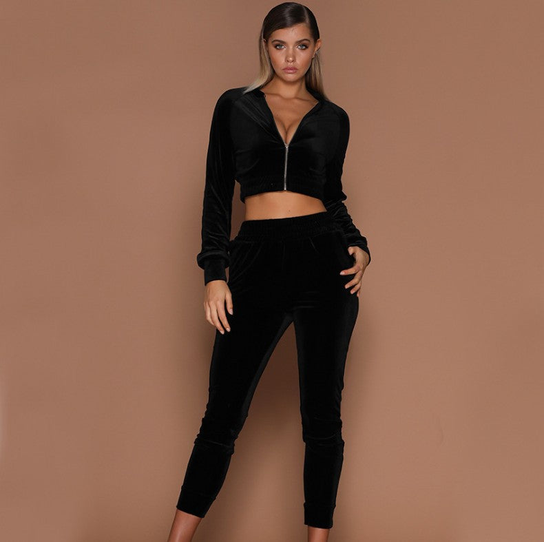 Solid Color Sports And Leisure Suit Sweater Women's Autumn And Winter  New Warm Diamond Velvet Zipper Two-piece Sports