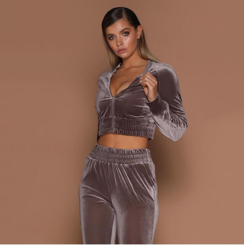 Solid Color Sports And Leisure Suit Sweater Women's Autumn And Winter  New Warm Diamond Velvet Zipper Two-piece Sports