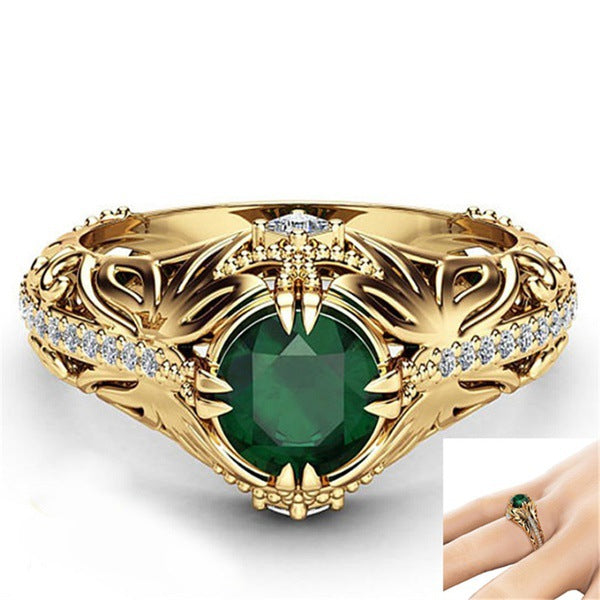 New Emerald-plated 14k Gold Ring European And American Luxury Simulation Diamond Engagement Ring