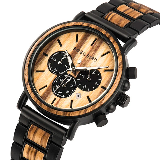 BOBO BIRD Wooden Men Watches Relogio Masculino Top Brand Luxury Stylish Chronograph Military Watch Personalized Gift for Man OEM