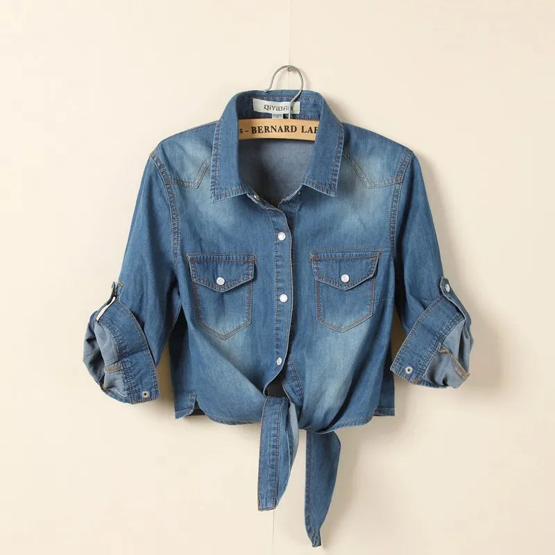 Hot Sale Girls Slim Top New Summer Women Casual Cropped sleeves Shirt Female Denim Shirts women's Fashion Short Blouse XZ120