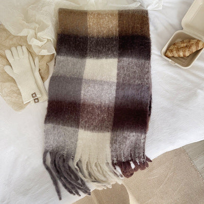 Thick Braid Rainbow Plaid Color Matching Scarf Winter Imitation Cashmere Plaid Fringed Shawl