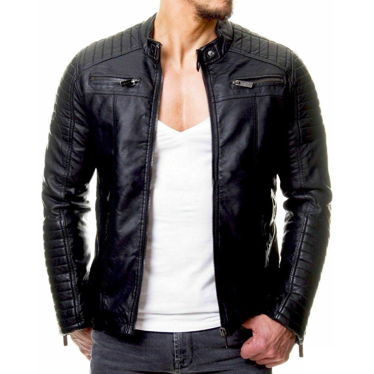 Men's Leather Jackets Stand Collar Zipper Cardigan Jacket Leather Jacket