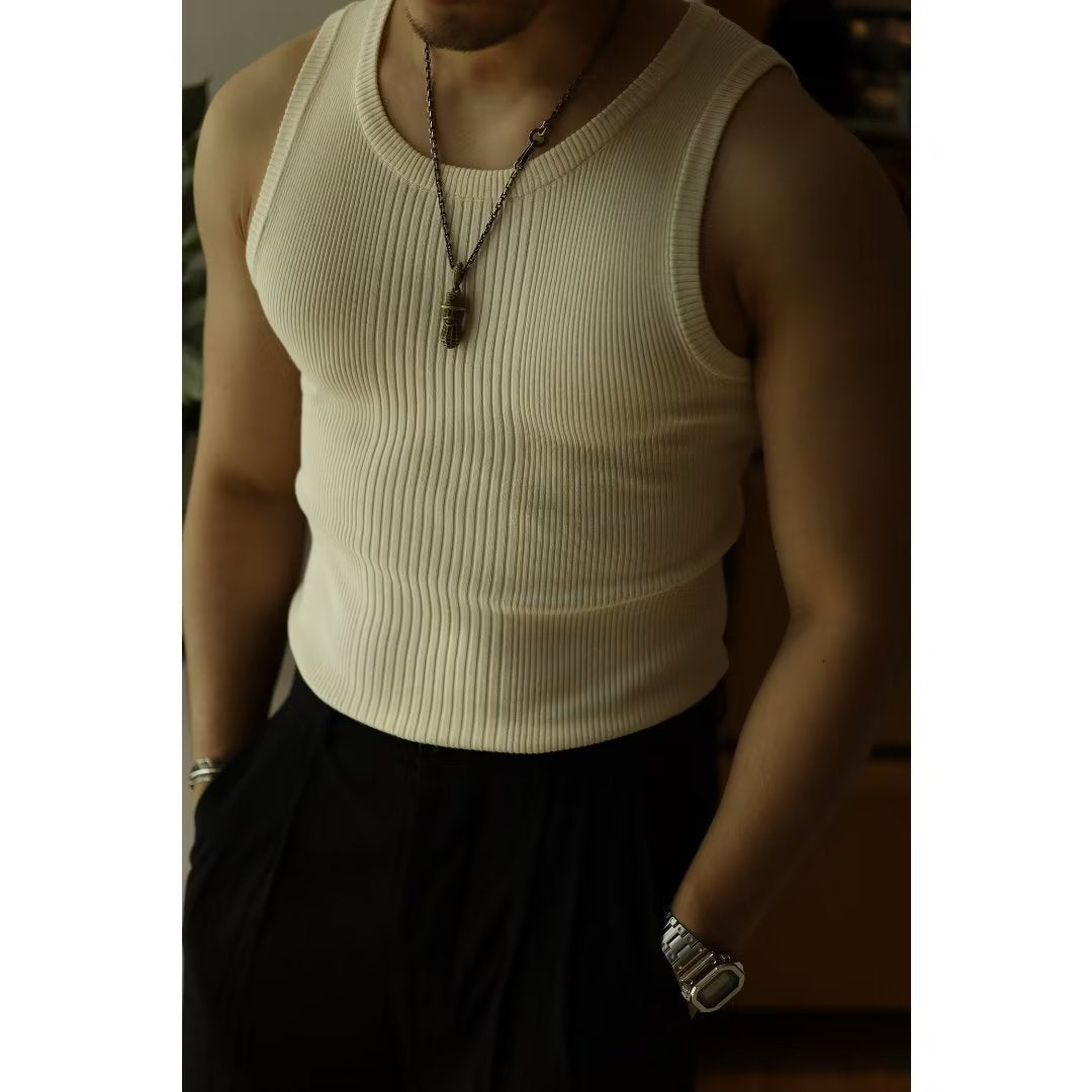 Retro Sports Fitness Outer Wear Men's Solid Color Bottoming Knitted Vest Male Youth Summer