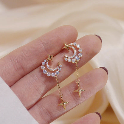 Star Moon Earrings Trendy Model Micro-inlaid Zirconium Earrings Super Fairy Showing Temperament College Wind Earrings