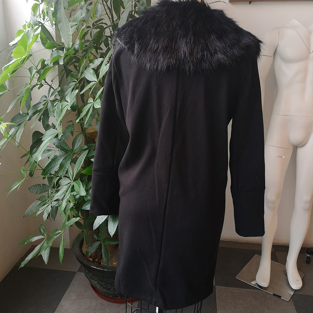 New European And American Coat Casual Solid Color Large Fur Collar Coat