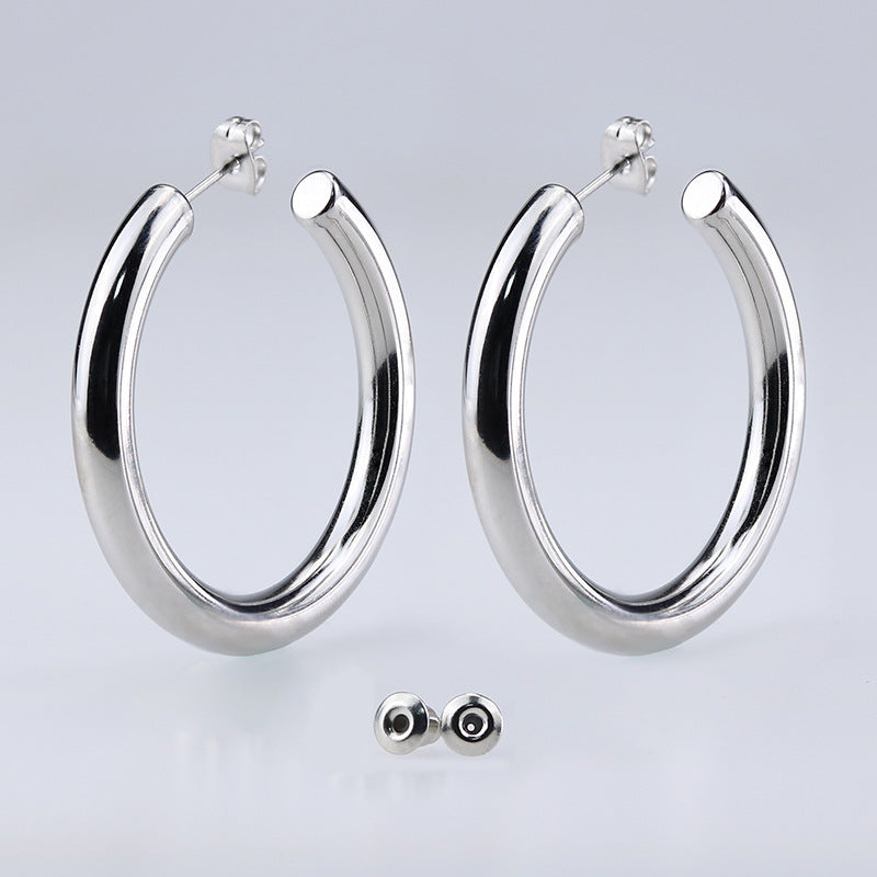 New Fashion Simple Earrings Round Hollow Wire Earrings Titanium Steel Ear Buckle Thick Earrings Ear Jewelry Female Explosive Style