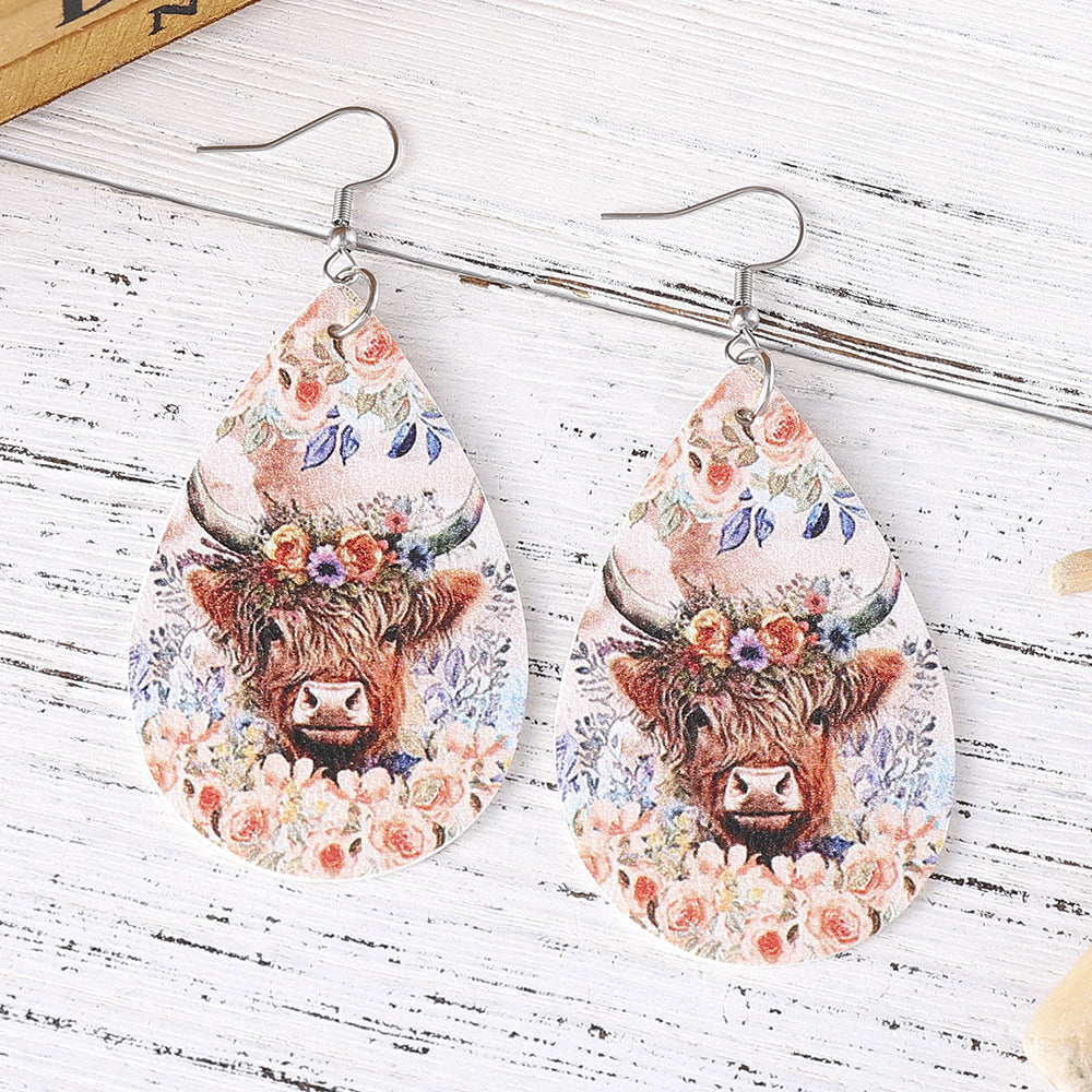 Cowboy Jewelry Highland Cow Flower Cow Head Earrings Double-sided PU Leather Water Drop Earrings Earrings