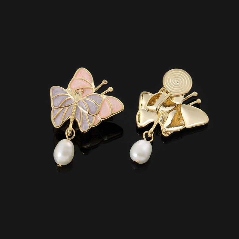 Gentle Pink Purple Butterfly No Ear Piercing One-piece Mosquito Incense Plate Ear Clip Ear Studs Freshwater Pearl Earrings Silver Needle