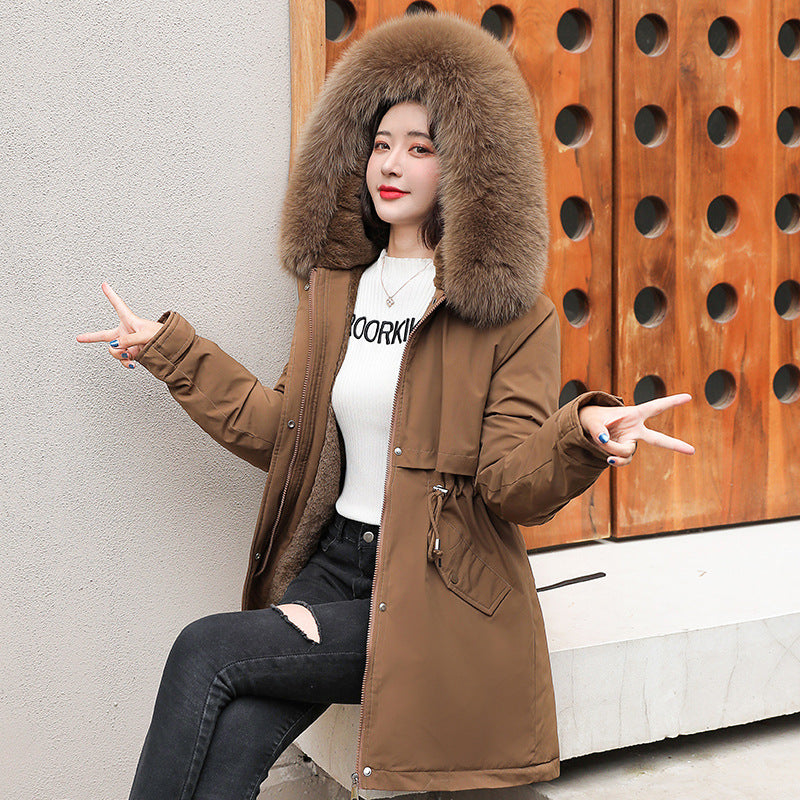 Winter Cotton Coat Women's Korean Version Mid-length Loose Warm Pie To Overcome Big Fur Collar Hooded Thickened Cotton Coat