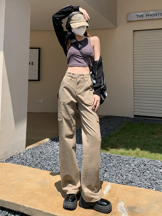 Khaki Overalls Women's Small Straight Narrow Version Wide-leg Pants High Waist Slim Loose Casual Trousers Spring Trendy