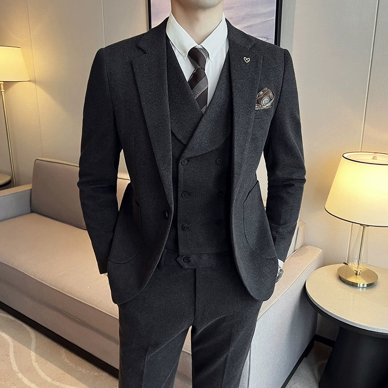 Autumn And Winter British Business Slim Suit Men&#039;s High-end Casual Commuting One-button Woolen Suit Three-piece Suit