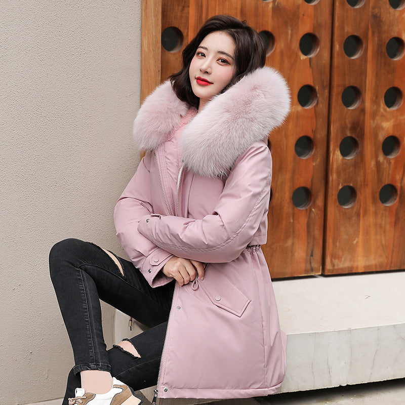 Winter Cotton Coat Women's Korean Version Mid-length Loose Warm Pie To Overcome Big Fur Collar Hooded Thickened Cotton Coat