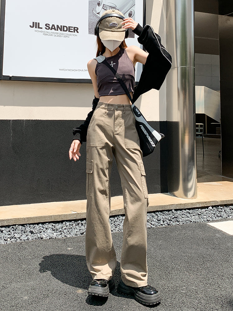 Khaki Overalls Women's Small Straight Narrow Version Wide-leg Pants High Waist Slim Loose Casual Trousers Spring Trendy