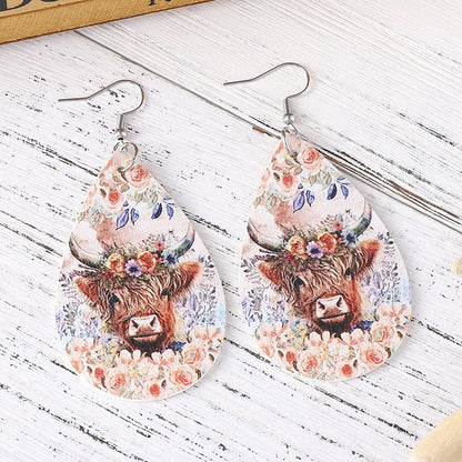 Cowboy Jewelry Highland Cow Flower Cow Head Earrings Double-sided PU Leather Water Drop Earrings Earrings