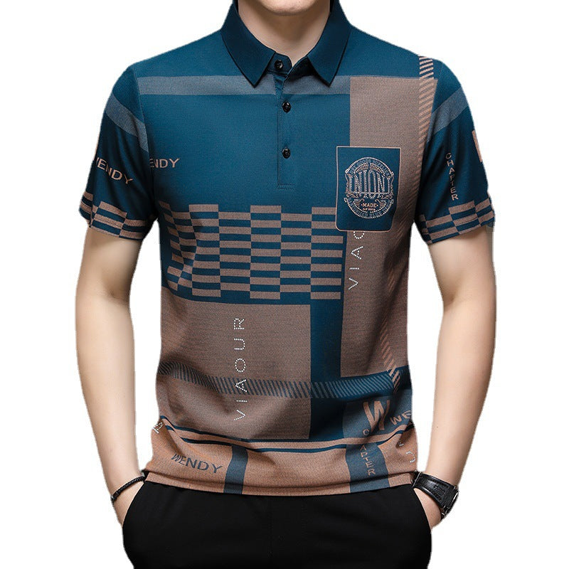 Summer New Men&#039;s Lapel Print Loose Breathable Short-sleeved T-shirt POLO Shirt