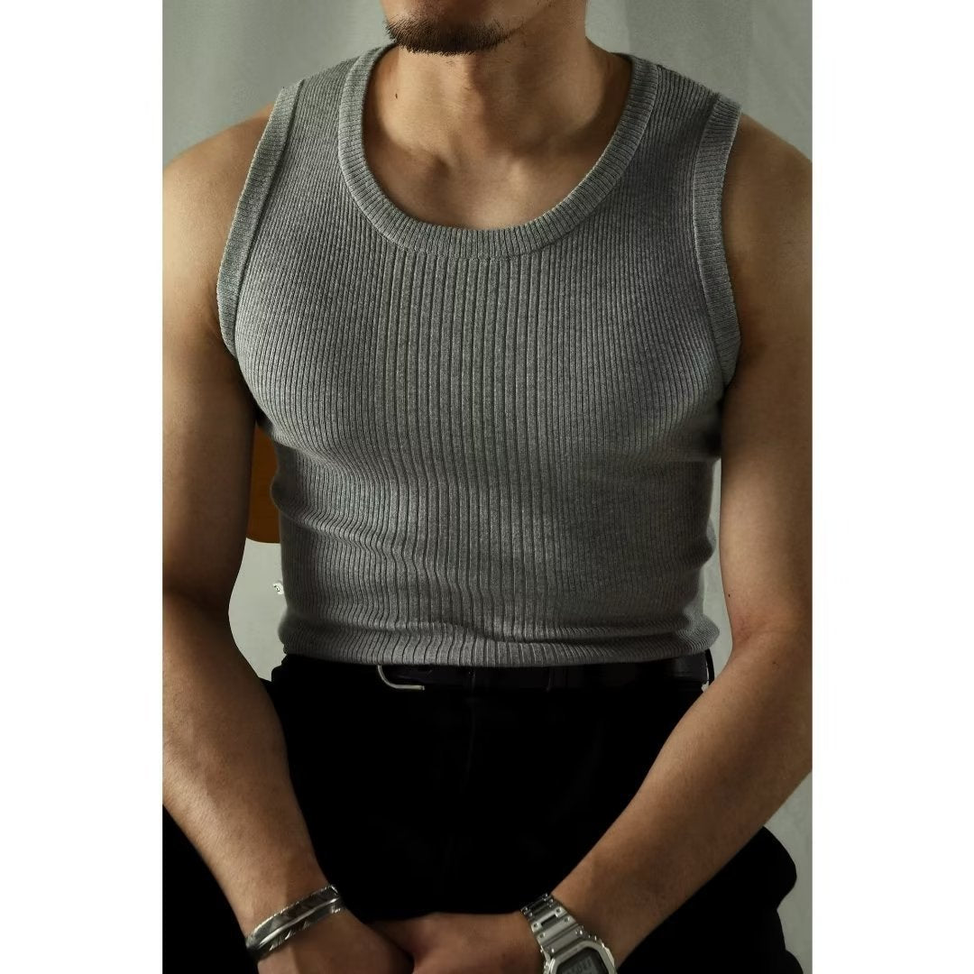 Retro Sports Fitness Outer Wear Men's Solid Color Bottoming Knitted Vest Male Youth Summer