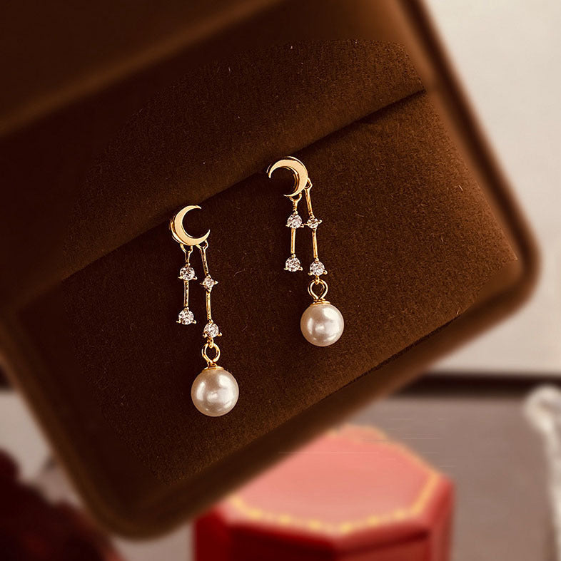 S925 Sterling Silver Gold-plated Earrings Moon Pearl Diamond Tassel Earrings Small Fresh Design Women's Ear Jewelry