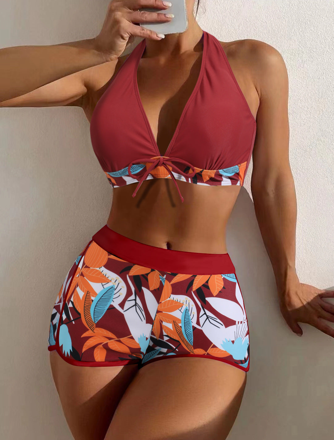 Swimsuit Women's Split High Waist Flat Angle Tie-up Printing Solid Color Splicing Net Red  Swimsuit