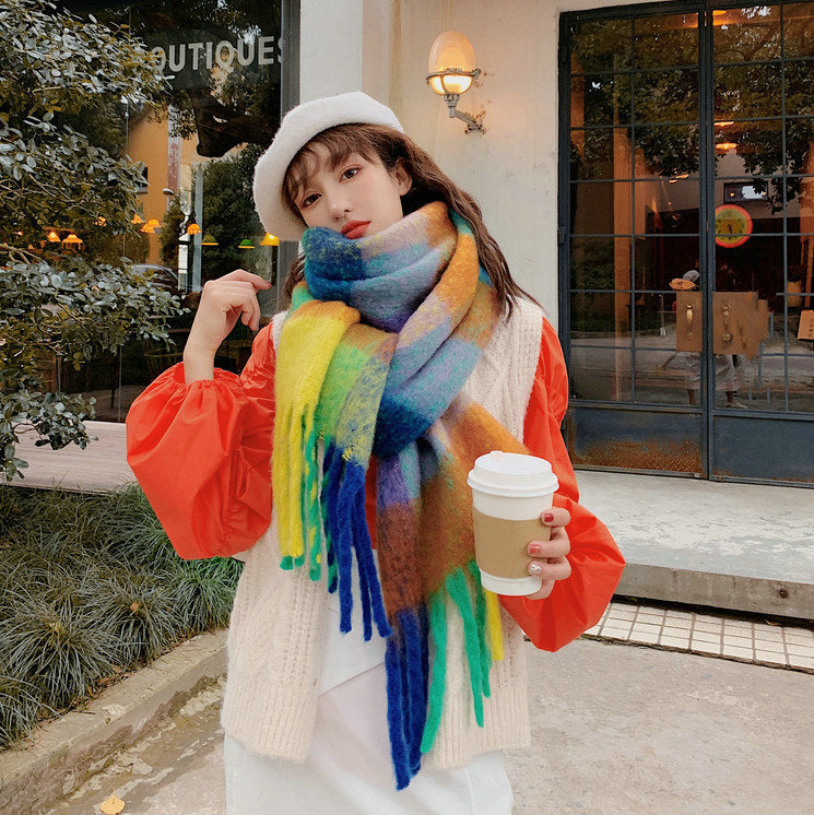 Thick Braid Rainbow Plaid Color Matching Scarf Winter Imitation Cashmere Plaid Fringed Shawl