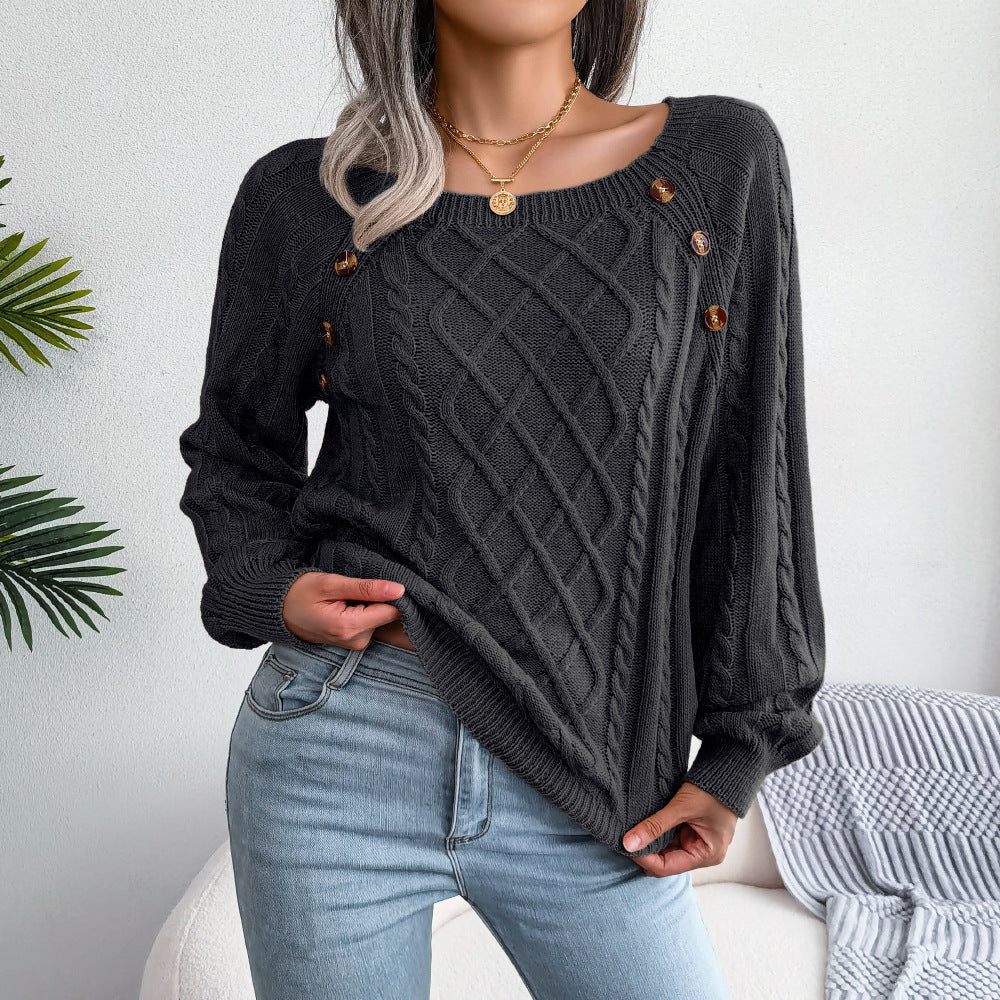 Autumn And Winter Casual Square Neck Button Twist Knitted Pullover Sweater Independent Station Amazon Cross-border Women's Clothing