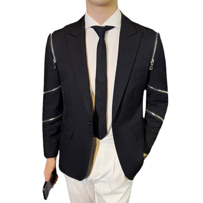 Men&#039;s Heavy Punk Niche Zipper Decorative Suit Jacket Slim Fit Single Button Black Suit Single West