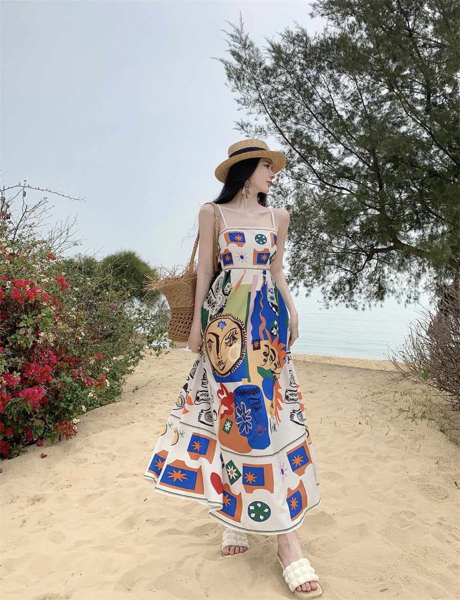 Color Printing One-shoulder Sleeveless Beach Long Dress