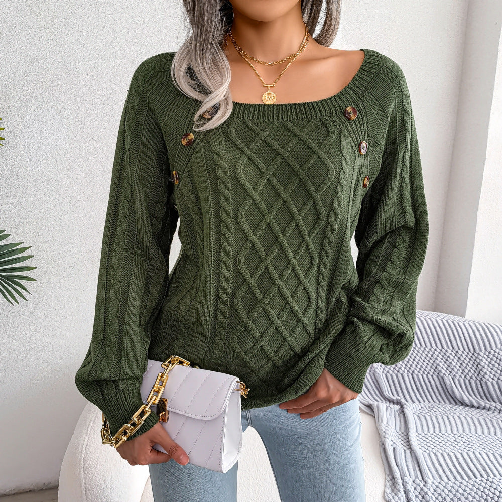 Autumn And Winter Casual Square Neck Button Twist Knitted Pullover Sweater Independent Station Amazon Cross-border Women's Clothing