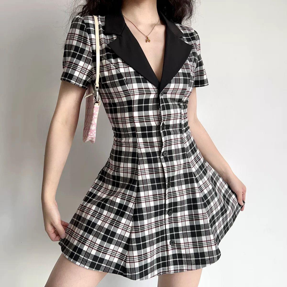 American Retro Lapel Single-breasted Plaid Dress Women's Waist Slimming A-line Skirt