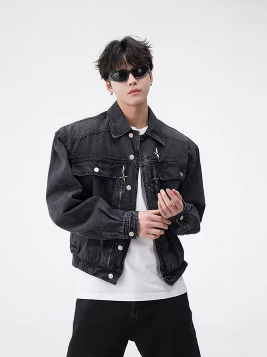 Spring And Autumn Niche Metal Shoulder Pad Denim Jacket Men&#039;s Loose Washed Distressed American Retro Short Jacket Trendy Brand