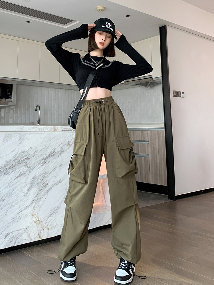 Army Green Overalls Women's 2024 New All-match Straight-leg Pants Drape Loose-legged Wide-leg Pants Trendy