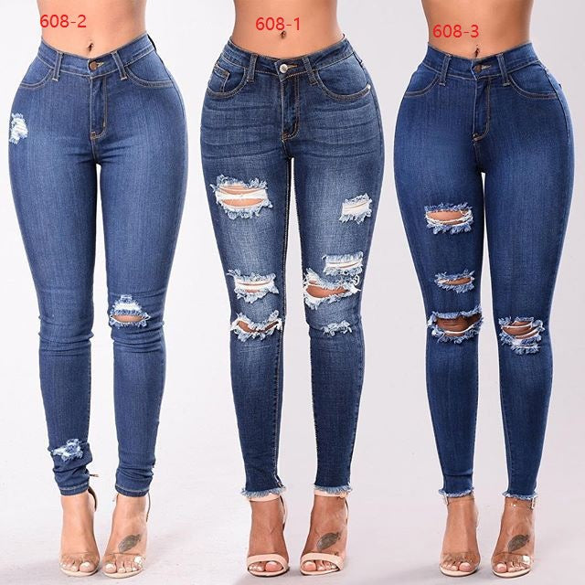 Stretch hole high-waist denim pants