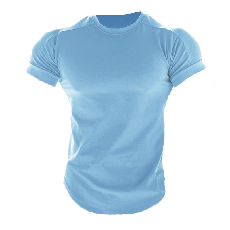 Muscle Boy Cotton Elastic Short-sleeved Men&#039;s Summer Solid Color Sports T-shirt Fitness Sweat-absorbing Round Neck T-shirt