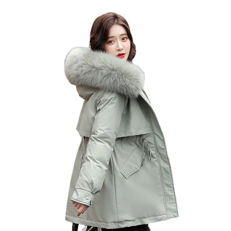 Winter Cotton Coat Women's Korean Version Mid-length Loose Warm Pie To Overcome Big Fur Collar Hooded Thickened Cotton Coat