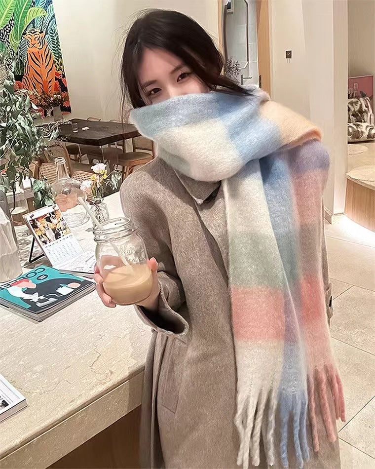 Thick Braid Rainbow Plaid Color Matching Scarf Winter Imitation Cashmere Plaid Fringed Shawl