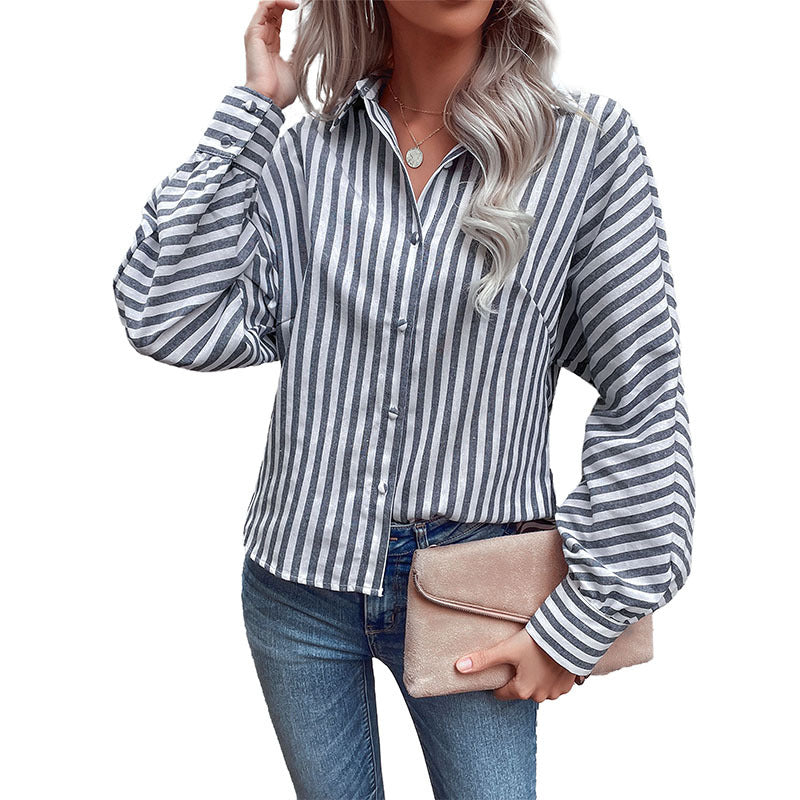 Spring New European And American Striped Cardigan Shirt Long-sleeved Commuting Amazon Lapel Shirt Women