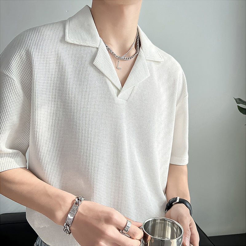 Mesh Cuban Collar Shirt Men&#039;s Short-sleeved Light Mature Hair Stylist Fashion Brand Men&#039;s Design Waffles Shirt