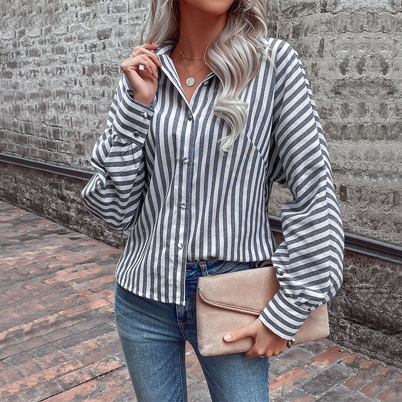 Spring New European And American Striped Cardigan Shirt Long-sleeved Commuting Amazon Lapel Shirt Women